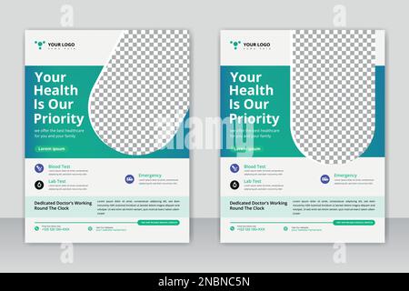 Healthcare deckt A4-Vorlagendesign und flache Symbole für einen Bericht und medizinische Broschüren Design, Flyer, Broschüren Dekoration für Druck und Präsentation ab Stock Vektor
