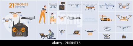 Drohnen-Komposition mit unbemannten Luftfahrzeugen und Überwachungssymbolen flache isolierte Vektordarstellung Stock Vektor