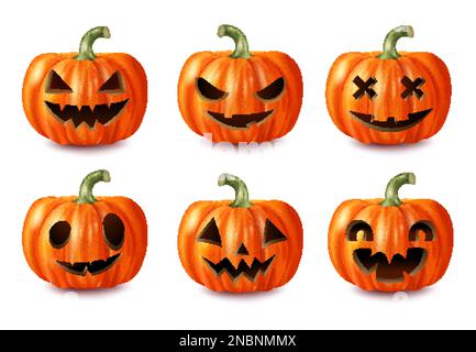 Realistische geschnitzte, gruselige Halloween-Kürbissymbole stellen isolierte Vektorbilder dar Stock Vektor