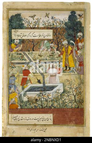 Babur Superintending im Garten der Treue, 1508 (1956). Künstler: Unknown.Babur, Sahir ed-din Mohammed Indian Great Mogul, 1483-1530. Babur plant mit seinen Architekten die Bagh-i-Wafa ne. Jalalabad. Illustration für Bishndas, Porträts von Nanha. Aus Richtung Babur-Nama Manuskript, 1589: London, Victoria und Albert Museum. MUSEUM: VICTORIA AND ALBERT MUSEUM, LONDRES, GROSSBRITANNIEN. Stockfoto