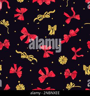 Nahtloses Muster mit roten und goldenen Schleifen. Vector-Hintergrundmusik für Geburtstag, Weihnachten und Neujahr. Stock Vektor