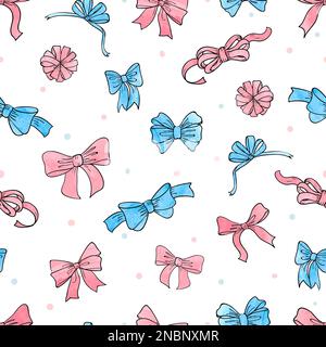 Wasserfarbenes, nahtloses Schleifenmuster. Vektorhintergrund mit pinkfarbenen und blauen Schleifen und Bändern. Stock Vektor