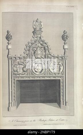 Schornsteine, errichtet im Bischofspalast in Exeter 1477 aus dem Buch The Society of Antiquaries of London hat sich bemüht, auf eigene Kosten die alten Aufzeichnungen zu veröffentlichen, die die Erinnerung an britische Angelegenheiten bewahren, die ursprünglich im lateinischen Vetusta monumenta, Quae ad rerum Britannicarum memoriam conservandam Societas Antiquariorum Londini sumptu suo edenda curavit Veröffentlicht 1746 von Londini [Gesellschaft der Antiquitäten] Stockfoto