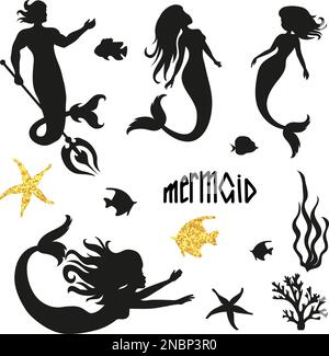 Satz schwarzer Meerjungfrauen-Silhouetten, isoliert auf Weiß. Vektordarstellung. Stock Vektor