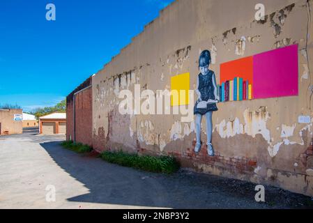 Ein Wandgemälde mit dem Titel „Little Reader“ des Künstlers Jac Clark an der Seite eines Gebäudes in einer Gasse in Parkes, westlich von New South Wales, Australien Stockfoto