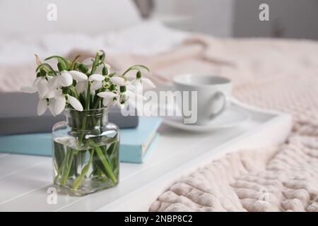 Wunderschöne Schneeglöckchen, Bücher und eine Tasse Kaffee auf dem Tablett im Schlafzimmer. Platz für Text Stockfoto