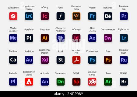 Symbolsammlung für Adobe-Produkte. Satz Adobe-Logo Stock Vektor