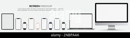 Computermonitor, Laptop, Tablet, Smartphone und Smartwatch mit leerem Bildschirm. Modell des Bildschirmgeräts Stock Vektor