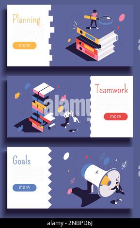 Horizontale Banner für das Projektmanagement mit Informationen zur Planung von Teamarbeitszielen isometrische Vektordarstellung Stock Vektor