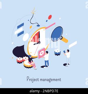 Abstraktes Projektmanagement-Konzept, bestehend aus einer Lupe, Uhrrädern, isometrischen Symbolen, Vektordarstellung für die Kommunikation mit Menschen Stock Vektor