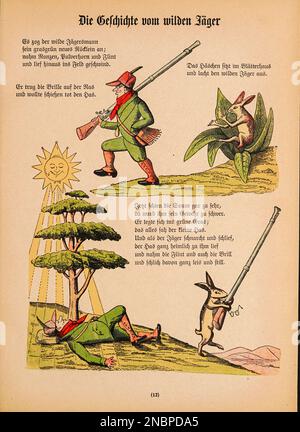 Die Geschichte vom wilden Jäger - The Tale of the Wild Hunter from the original German Version of the book ' das Struwwelpeter-Album : aus Bilderbüchern ' by Hoffmann, Heinrich, 1809-1894 Publisher 1900 Frankfurt am Main : Rütten & Loening [ der Struwwelpeter ('Schockköpfiger Peter' oder 'Shaggy Peter') ist ein deutsches Kinderbuch von Heinrich Hoffmann aus dem Jahr 1845. Es umfasst zehn illustrierte und reimende Geschichten, hauptsächlich über Kinder. Jede hat eine klare Moral, die die katastrophalen Folgen von Fehlverhalten auf übertriebene Weise demonstriert.[1] der Titel der ersten Geschichte liefert die ti Stockfoto