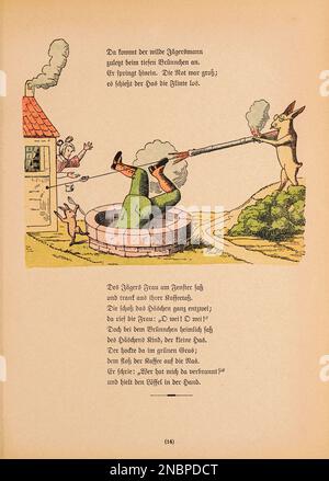 Die Geschichte vom wilden Jäger - The Tale of the Wild Hunter from the original German Version of the book ' das Struwwelpeter-Album : aus Bilderbüchern ' by Hoffmann, Heinrich, 1809-1894 Publisher 1900 Frankfurt am Main : Rütten & Loening [ der Struwwelpeter ('Schockköpfiger Peter' oder 'Shaggy Peter') ist ein deutsches Kinderbuch von Heinrich Hoffmann aus dem Jahr 1845. Es umfasst zehn illustrierte und reimende Geschichten, hauptsächlich über Kinder. Jede hat eine klare Moral, die die katastrophalen Folgen von Fehlverhalten auf übertriebene Weise demonstriert.[1] der Titel der ersten Geschichte liefert die ti Stockfoto