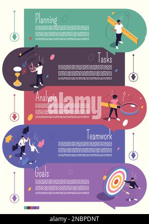 Isometrische Infografik-Vorlage für Projektmanagement, bestehend aus Planungsaufgaben Analyse Teamarbeit Ziele farbige Segmente Vektordarstellung Stock Vektor