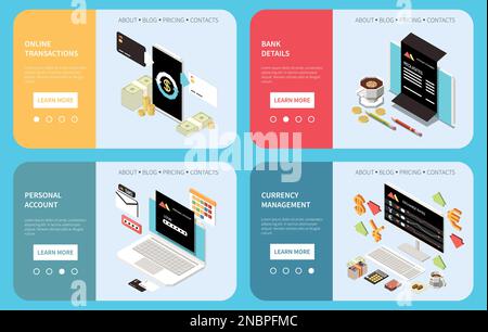 Landing-Pages für Online-Mobile-Banking-Services mit Informationen zu Bankdaten Persönliches Konto Währungsverwaltung isometrische Daten für Online-Transaktionen Stock Vektor