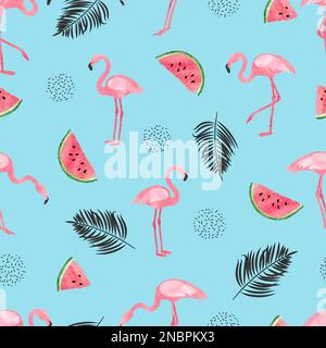 Nahtloses, trendiges tropisches Muster mit wasserfarbenen Flamingos, Wassermelone und Palmenblättern auf Blau. Vector-Sommerhintergrund. Stock Vektor