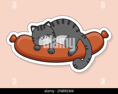 Die graue Katze schläft auf einer Wurst. Vektoraufkleber. Stock Vektor