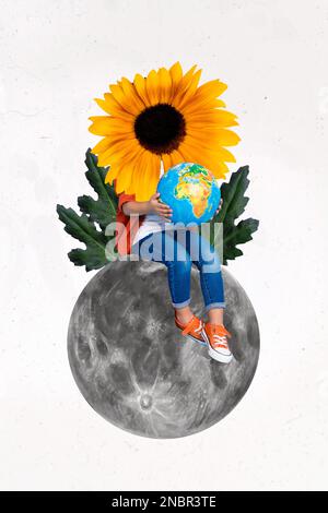 Vertikale minimalistische Collage Foto Bild Kunstwerk Banner des Aktivisten Traum retten Natur Planet Leben isoliert auf gemaltem Hintergrund Stockfoto