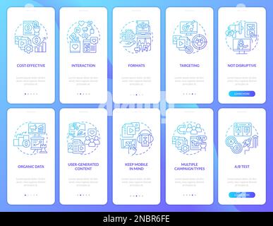 SMM-Vorteile und Tipps blauer Verlauf der Bildschirme für das Onboarding mobiler Apps Stock Vektor