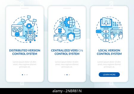 Versionskontrollsysteme Typen blauer Bildschirm für Onboarding Mobile App Stock Vektor