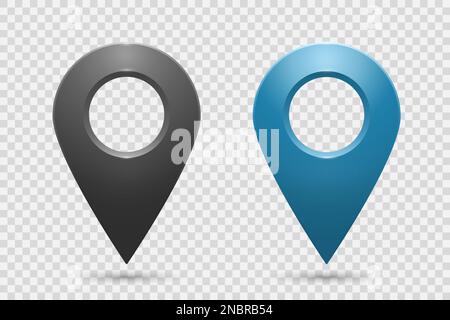 Realistische Geolokationssymbole in Blau und Schwarz auf transparentem Hintergrund. Stock Vektor