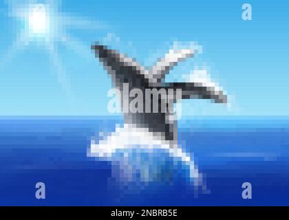 Nautischer, realistischer blauer Hintergrund mit hüpfenden Walen im Meerwasser, beleuchtet durch Sonnenlichtvektoren Stock Vektor