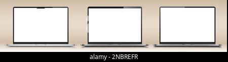 Ein Satz realistischer Notebook-Layouts in einem Metallgehäuse. Laptops mit weißen, leeren Bildschirmen auf einem beigen, verlaufenen Hintergrund. Stock Vektor