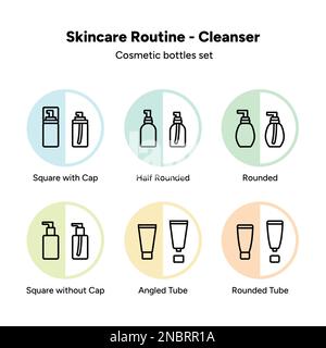Schaumreinigungsflaschen, Kosmetikprodukte, Skincare Routine, Vektorsymbole für Kosmetikpackungen isoliert Stock Vektor