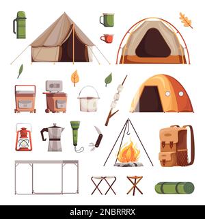 Camping Icon Set Zelte Feuerbecher und andere Touristen Attribute farbige und isolierte Vektordarstellung Stock Vektor