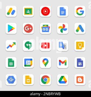 Google Produkte und Programme Logo auf weißem Hintergrund. Google Icons-Sammlungen Stock Vektor