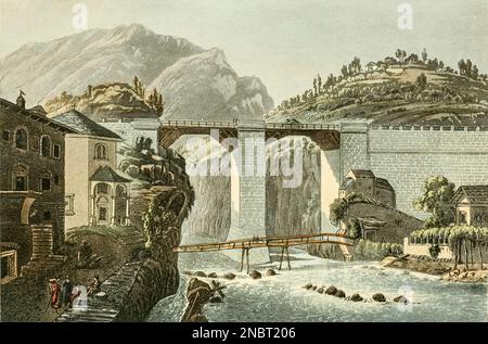 Brücke von Crevola, eingraviert durch Entwürfe von J. und J. Lory, aus dem Buch " malerische Tour von Genf nach Mailand, über den Simplon ", veröffentlicht in London von R. Ackermann im Jahr 1820 Stockfoto