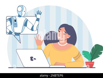 Frau, die den flachen Cartoon-Vektor des neuralen Netzwerks benutzt Stock Vektor