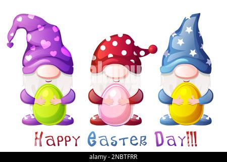 Cartoon-Zwerge mit farbigen Eiern zu Ostern. Stock Vektor