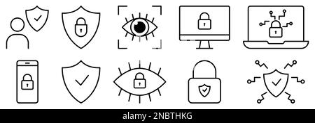 Symbole für Sicherheitslinie festgelegt. Augenzugang, Internetschutz, Laptop-Passwort usw. Vektordarstellung Stock Vektor