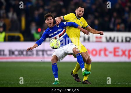 Genua, Italien. 13. Februar 2023 Sam Lammers von der UC Sampdoria konkurriert mit Stefan de Vrij vom FC Internazionale während des Fußballspiels der Serie A zwischen der UC Sampdoria und dem FC Internazionale um den Ball. Kredit: Nicolò Campo/Alamy Live News Stockfoto