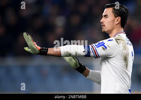 Genua, Italien. 13. Februar 2023 Emil Audero von der UC Sampdoria zeigt während des Fußballspiels der Serie A zwischen der UC Sampdoria und dem FC Internazionale. Kredit: Nicolò Campo/Alamy Live News Stockfoto