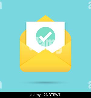 E-Mail mit grünem Häkchen, Dokumentensymbol in flachem Design Stock Vektor