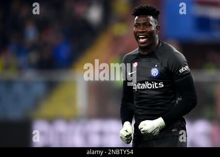 Genua, Italien. 13. Februar 2023 Andre Onana vom FC Internazionale reagiert während des Fußballspiels der Serie A zwischen UC Sampdoria und dem FC Internazionale. Kredit: Nicolò Campo/Alamy Live News Stockfoto