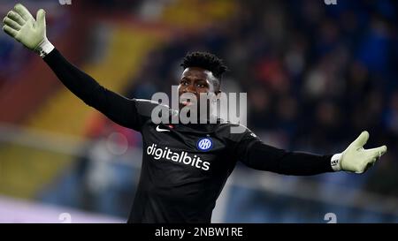 Genua, Italien. 13. Februar 2023 Andre Onana vom FC Internazionale zeigt während des Fußballspiels der Serie A zwischen UC Sampdoria und FC Internazionale. Kredit: Nicolò Campo/Alamy Live News Stockfoto