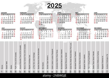 2025 Kalender mit Weltkarte und Zeitzonen Stock Vektor