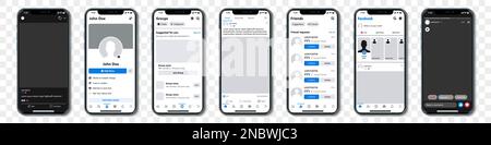 Set aus blauen iPhones mit Facebook-Vorlagenrahmen für soziale Netzwerke auf transparentem Hintergrund Stock Vektor