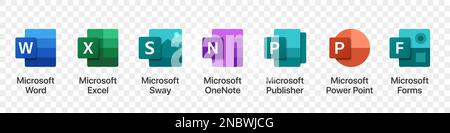 Logos für Microsoft Office-Produkte auf transparentem Hintergrund Stock Vektor