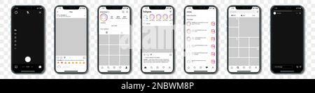 Set aus blauen iPhones mit Instagram-Vorlagenrahmen für soziale Netzwerke auf transparentem Hintergrund Stock Vektor