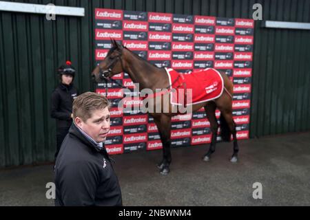 Dan Skelton spricht mit den Medien zusammen mit Galia des Liteaux bei einem Besuch der Stallungen von Dan Skelton in Lodge Hill, Alcester. Foto: Dienstag, 14. Februar 2023. Stockfoto