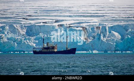 Expeditionsboot, tiefblauer Gletscher, 14. Juli Gletscher, Krossfjord, Arktis, Spitsbergen, Svalbard, Norwegen, Europa Stockfoto