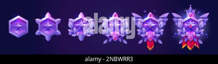 Lila Sechseckrahmen von Avataren. Fantasy-Abzeichen mit leuchtenden Rändern mit Stern, Lorbeeren, Edelsteinen, Krone und rotem Wimpel, Vektor-Cartoon-Set Stock Vektor