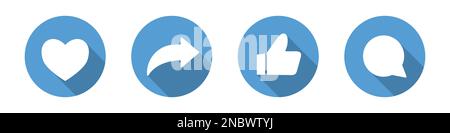 Herz-, Teilen-, Gefällt- und Kommentarsymbole mit langen Schatten Stock Vektor