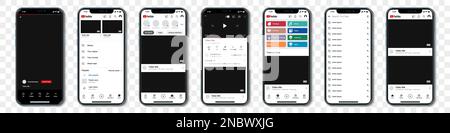Set aus blauen iPhones mit YouTube-Vorlagenrahmen für soziale Netzwerke auf transparentem Hintergrund Stock Vektor