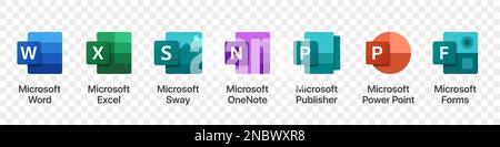 Logos für Microsoft Office-Produkte auf transparentem Hintergrund Stock Vektor