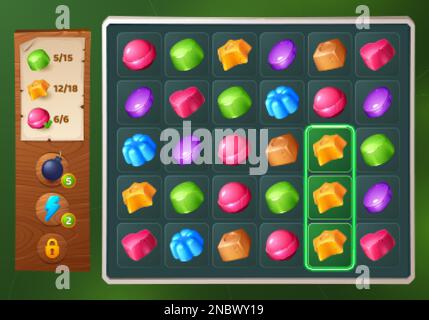 3-Spielkonsolen-ui-Hintergrund. Vector Jelly Puzzle Mobile App-Design. Satz Essenssymbol auf dem Bildschirm mit Bewertungsfeld. Cartoon-Gameplay-Agent Stock Vektor