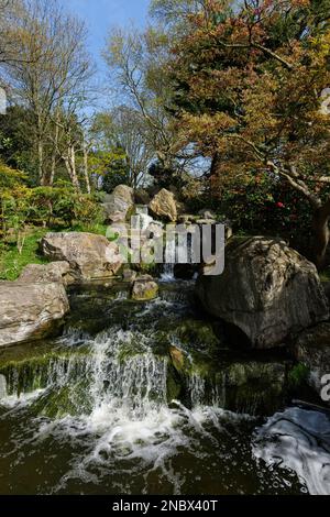 London - 04 11 2022: Wasserfälle im Kyoto Garden im Holland Park Stockfoto